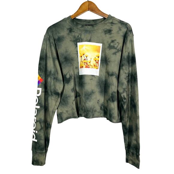 Polaroid Tie Dye Crop Sweatshirt Long Sleeve Casual Olive Raw Hem - M - Picture 1 of 4